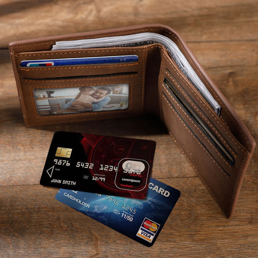 Interior view of men's bifold wallet with multiple card slots and note compartment, organised personalised wallet for dad