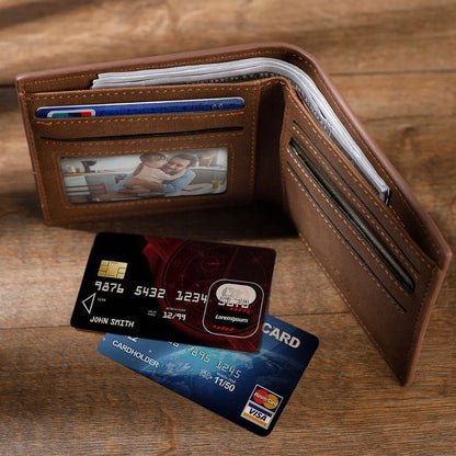 Interior view of men's bifold wallet with multiple card slots and note compartment, organised personalised wallet for dad