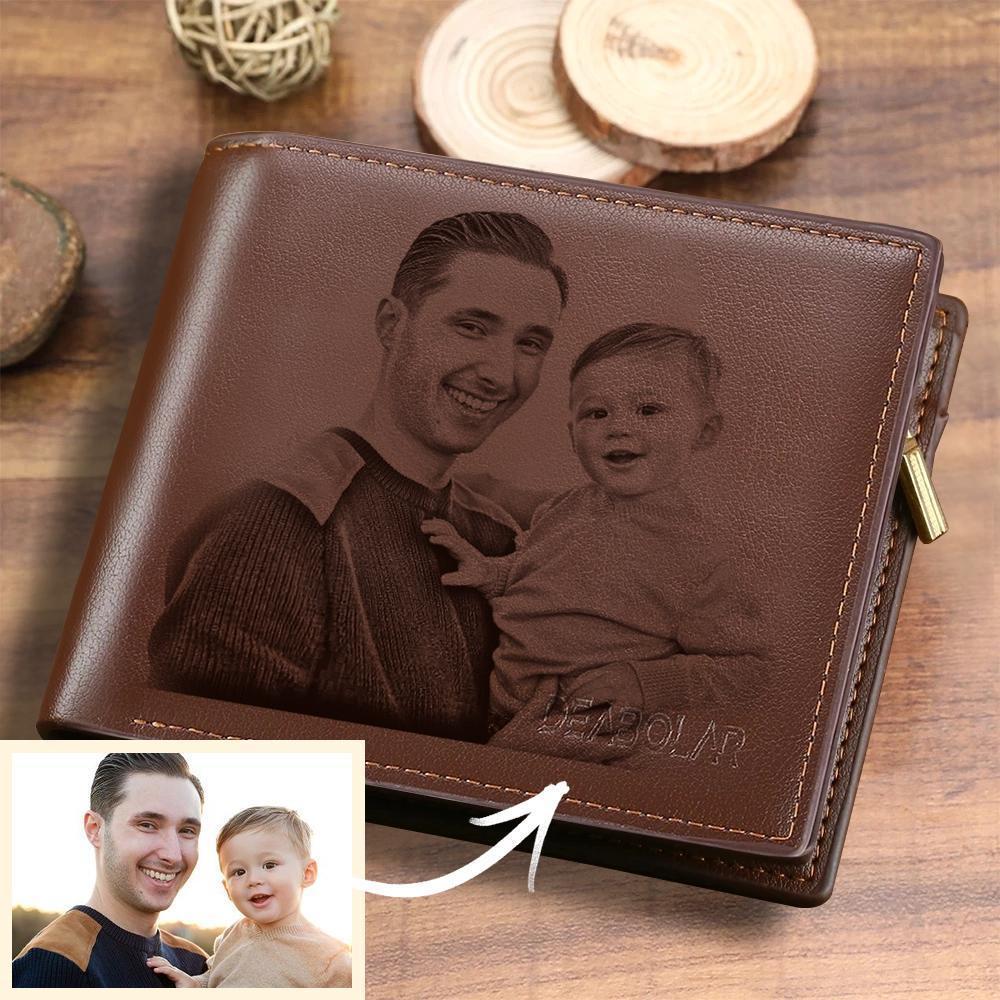 Back view of grey men's bifold wallet with subtle finish, personalised photo wallet perfect for everyday essentials