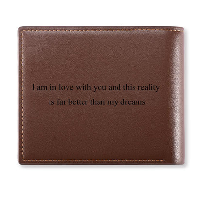 Open personalised wallet revealing photo placement on the exterior and organised interior card slots for a custom photo wallet