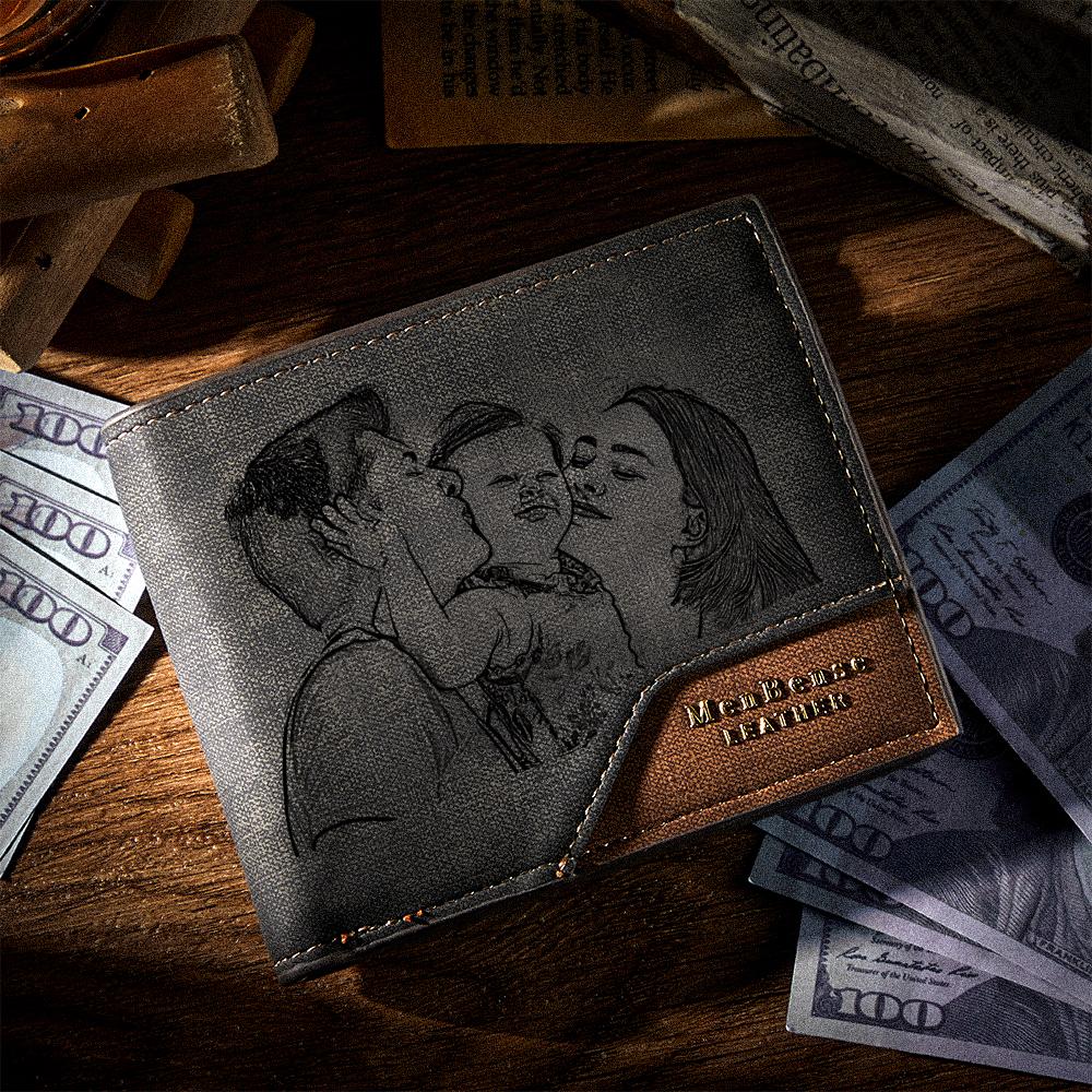 Close‑up of permanent photo print on bronzed leather wallet highlighting high‑resolution customisation and durable finish