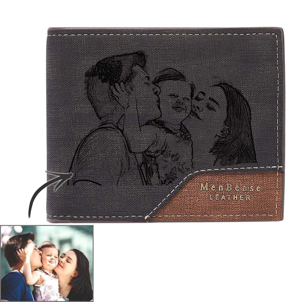 Open personalised bronzed photo wallet displaying secure photo pocket, card slots and compact design, custom wallet for men