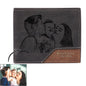 Open personalised bronzed photo wallet displaying secure photo pocket, card slots and compact design, custom wallet for men