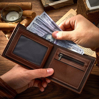 Personalised bronzed photo wallet with cards and notes demonstrating practical everyday use and traditional elegant silhouette