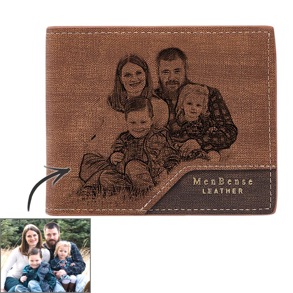Personalised bronzed leather photo wallet front view with permanent high‑resolution photo print, compact custom wallet for men