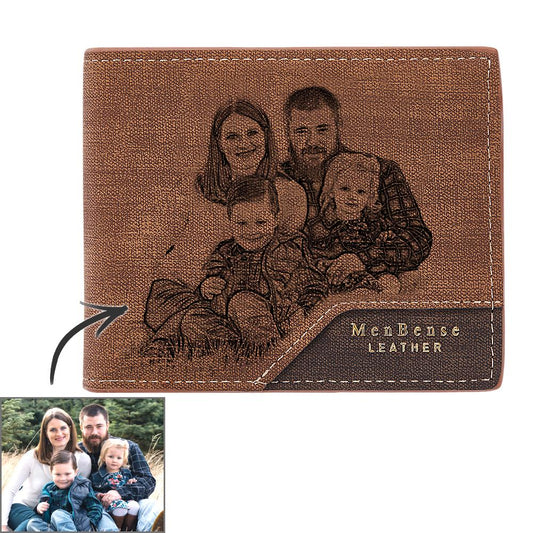 Personalised bronzed leather photo wallet front view with permanent high‑resolution photo print, compact custom wallet for men