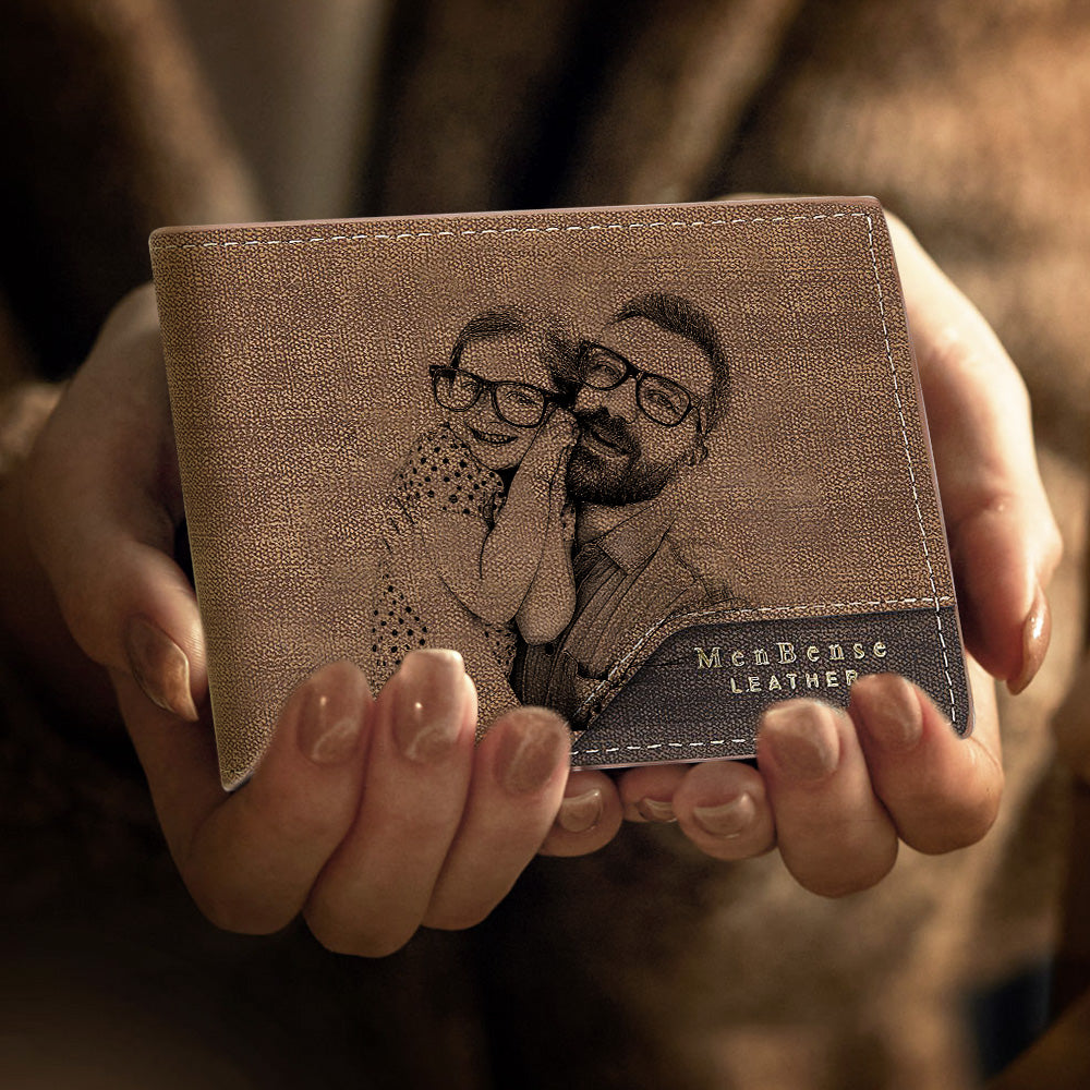 Angled view of personalised bronzed photo wallet showing elegant bronzed finish and stitching, stylish gift for fathers and groomsmen
