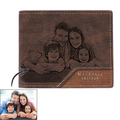 Personalised bronzed leather photo wallet front view with permanent high‑resolution photo print, compact custom wallet for men