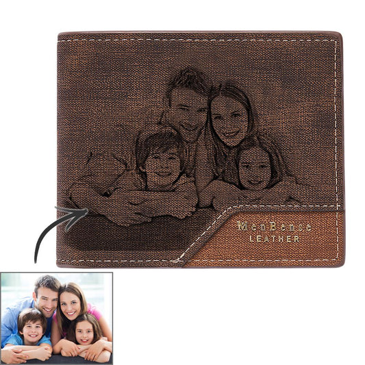 Personalised bronzed leather photo wallet front view with permanent high‑resolution photo print, compact custom wallet for men