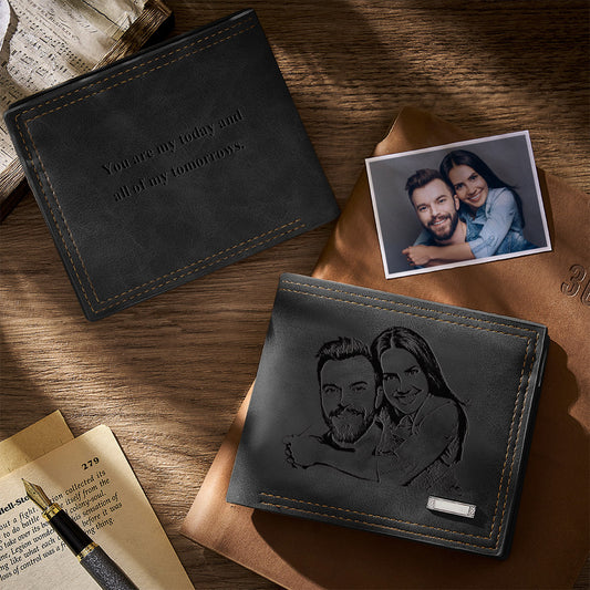 Personalised engraved photo wallet (closed) in PU leather with custom photo and text — memorial or Valentine’s gift for him