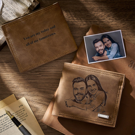 Personalised engraved photo wallet (closed) in PU leather with custom photo and text — memorial or Valentine’s gift for him