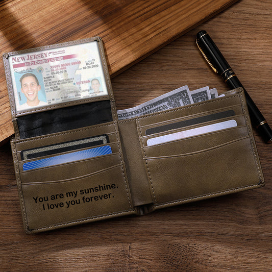 Personalised men's engraved leather wallet in light brown genuine leather, closed view with anti-theft brushed finish and RFID-blocking protection — ideal gift for husband, dad or groom