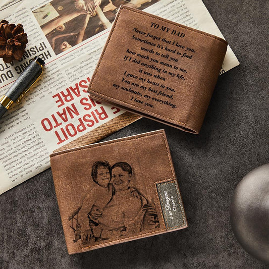 Personalised photo engraved leather bifold wallet — front view showing custom photo and engraved name, perfect personalised gift for Dad or brother