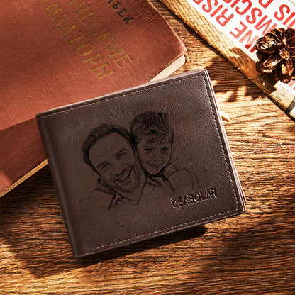 Personalised engraved wallets in two colours displayed side by side — choose soft leather or genuine leather for a bespoke gift