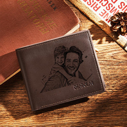 Spacious personalised bifold wallet interior with numerous card slots and clear ID window — practical engraved gift for him