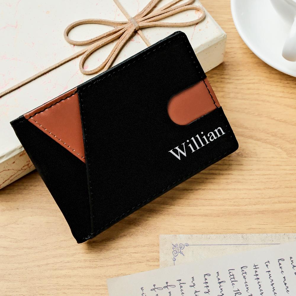 Open view of personalised slim money clip wallet showing multiple card slots, banknotes secured by metal clip and minimalist interior