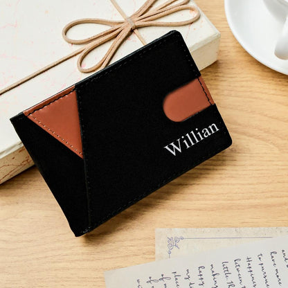 Open view of personalised slim money clip wallet showing multiple card slots, banknotes secured by metal clip and minimalist interior