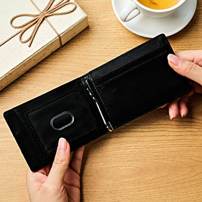 Close up of laser engraved text on PU leather money clip wallet highlighting custom name, date or short quote personalisation