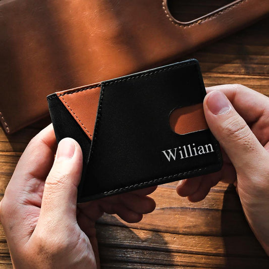 Side profile of ultra slim personalised PU leather money clip wallet demonstrating minimalist design and low bulk for everyday carry