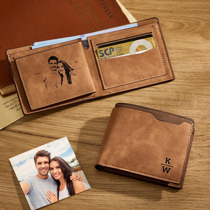 Close-up of high-quality PU leather texture and precise custom engraving of a name on a personalised unisex wallet