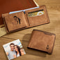 Close-up of high-quality PU leather texture and precise custom engraving of a name on a personalised unisex wallet