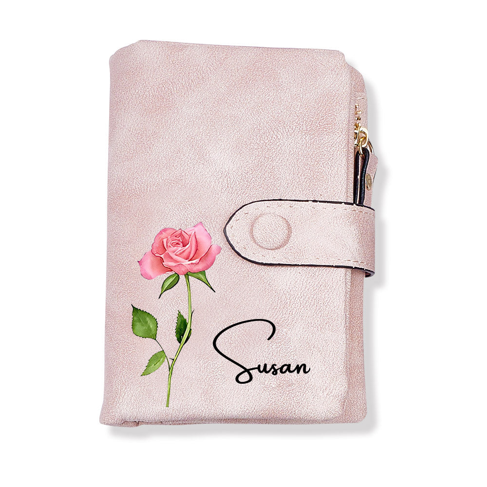 Personalised floral card holder presented as a birthday gift with colourful birth flower artwork on premium PU leather