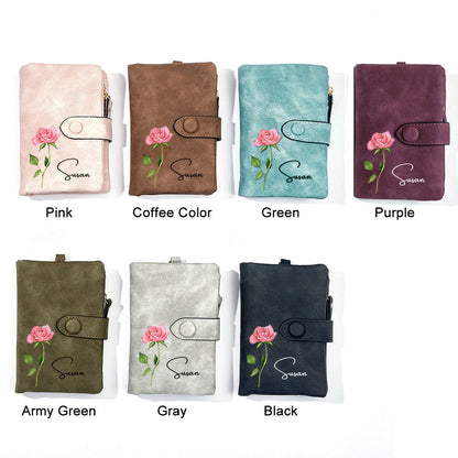 Detail of customised name printing on PU leather birth flower card holder showing crisp lettering and durable finish