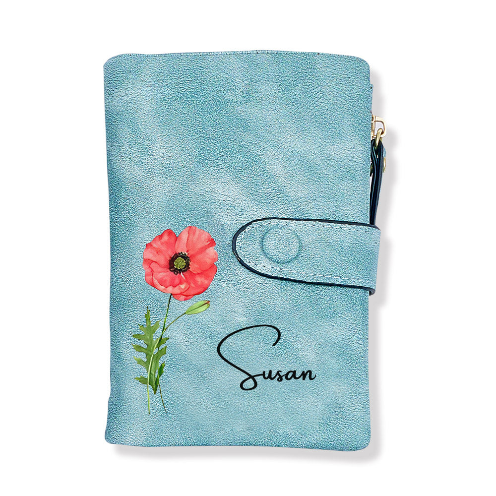Personalised name colourful birth flower wallet card holder with elegant script name and vivid floral artwork
