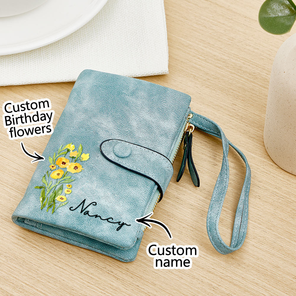 Front view of personalised name colourful birth flower PU leather card holder showing customised name and vivid floral print