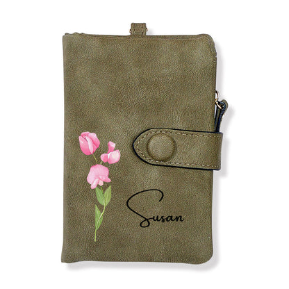 Rear view of personalised birth flower card holder showing neat stitching and a slim profile for everyday carry