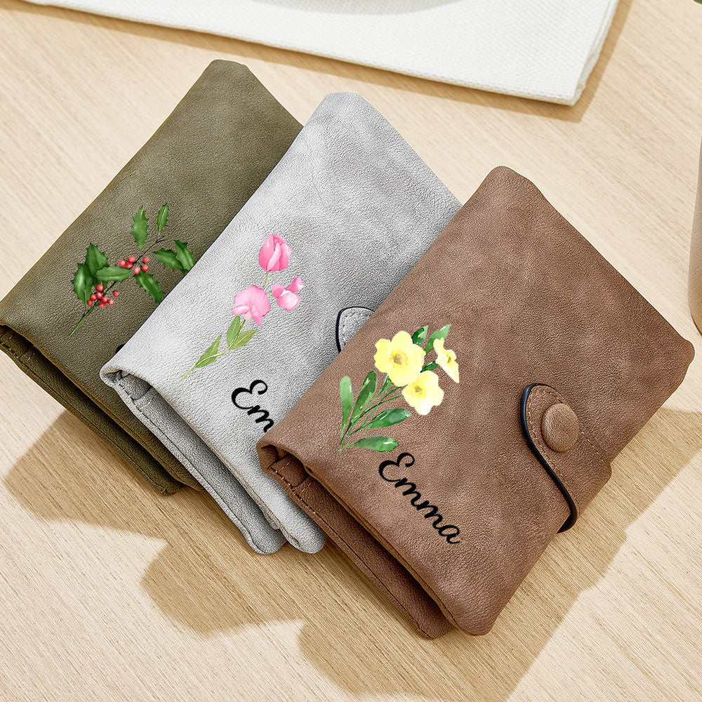 Close-up of colourful birth flower print and soft PU leather texture on personalised name wallet card holder