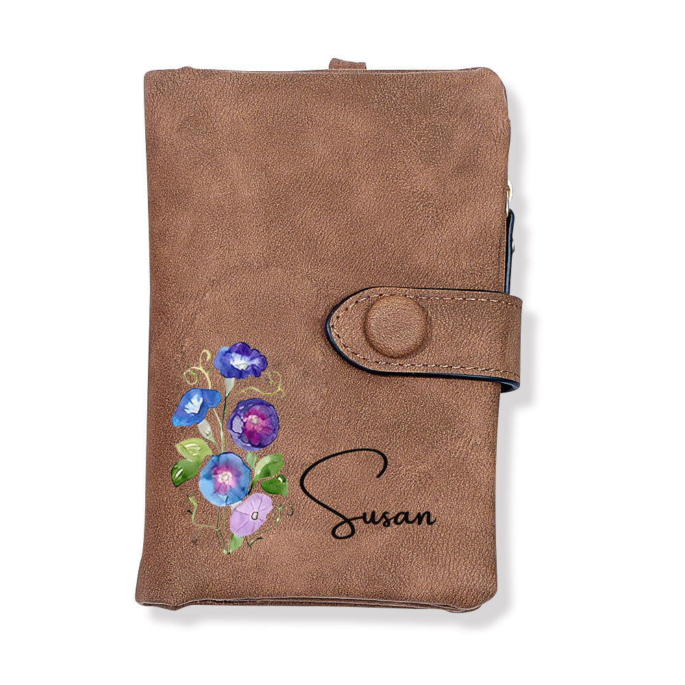 Colourful birth flower personalised card holder in PU leather with customised name and vibrant floral motif