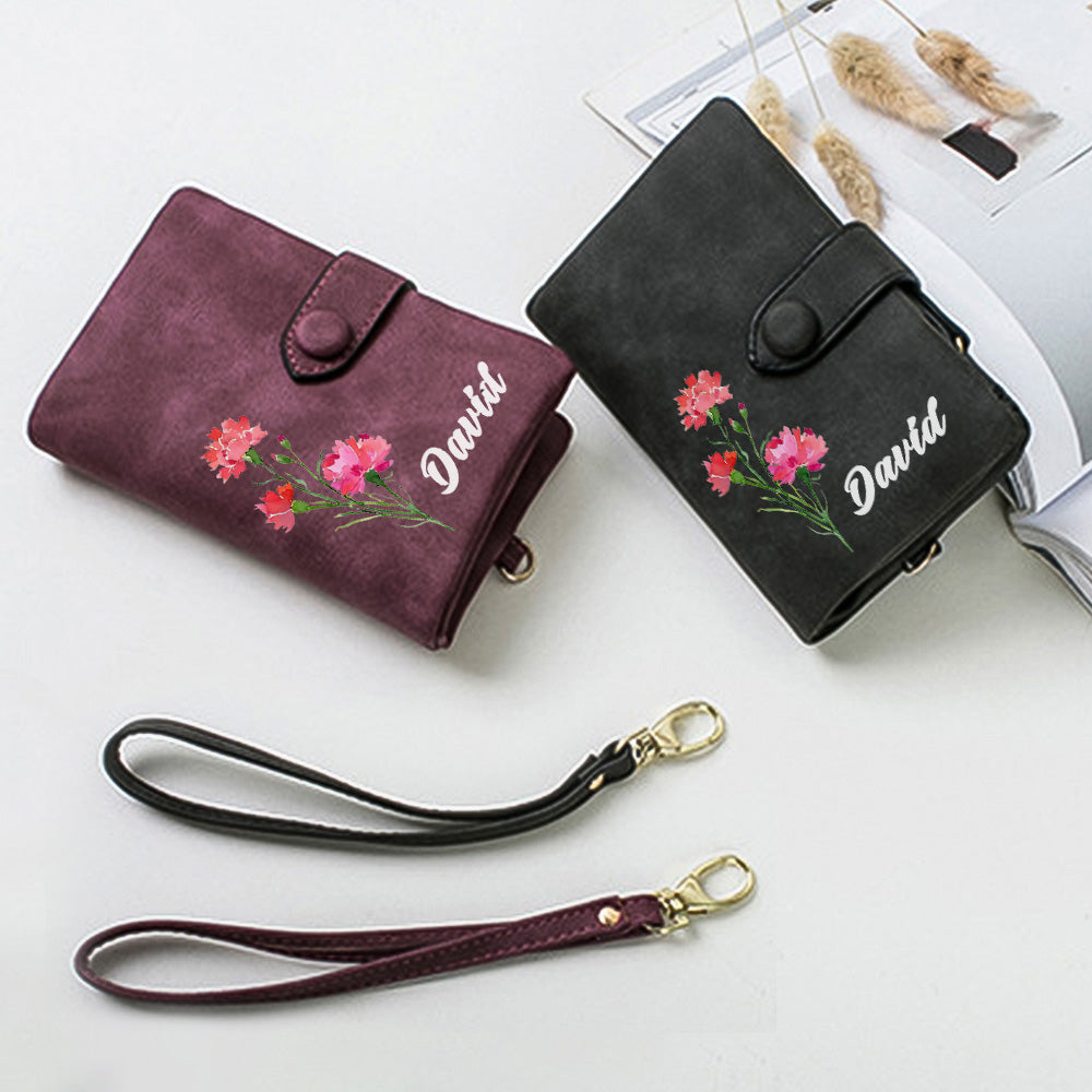 Personalised birth flower card holder featuring an alternative colourful floral month design and customised name — ideal birthday gift