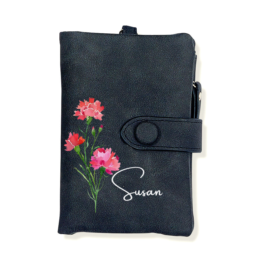 Lifestyle shot of personalised birth flower card holder tucked into a handbag — perfect for Mother's Day or a birthday gift