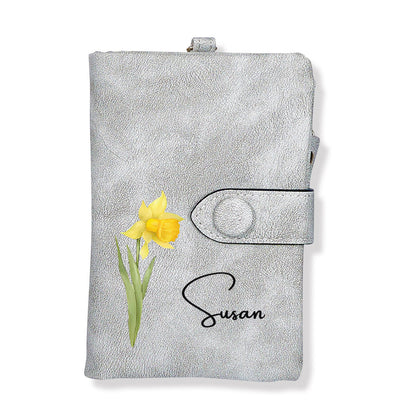 Personalised colourful birth flower card holder with contrasting interior card slots — practical personalised gift for her