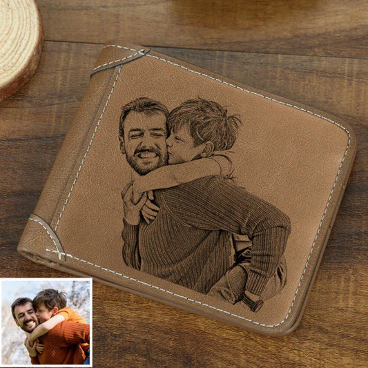 Personalised grey bifold wallet with custom photo printed on the exterior, ideal personalised wallet for dad