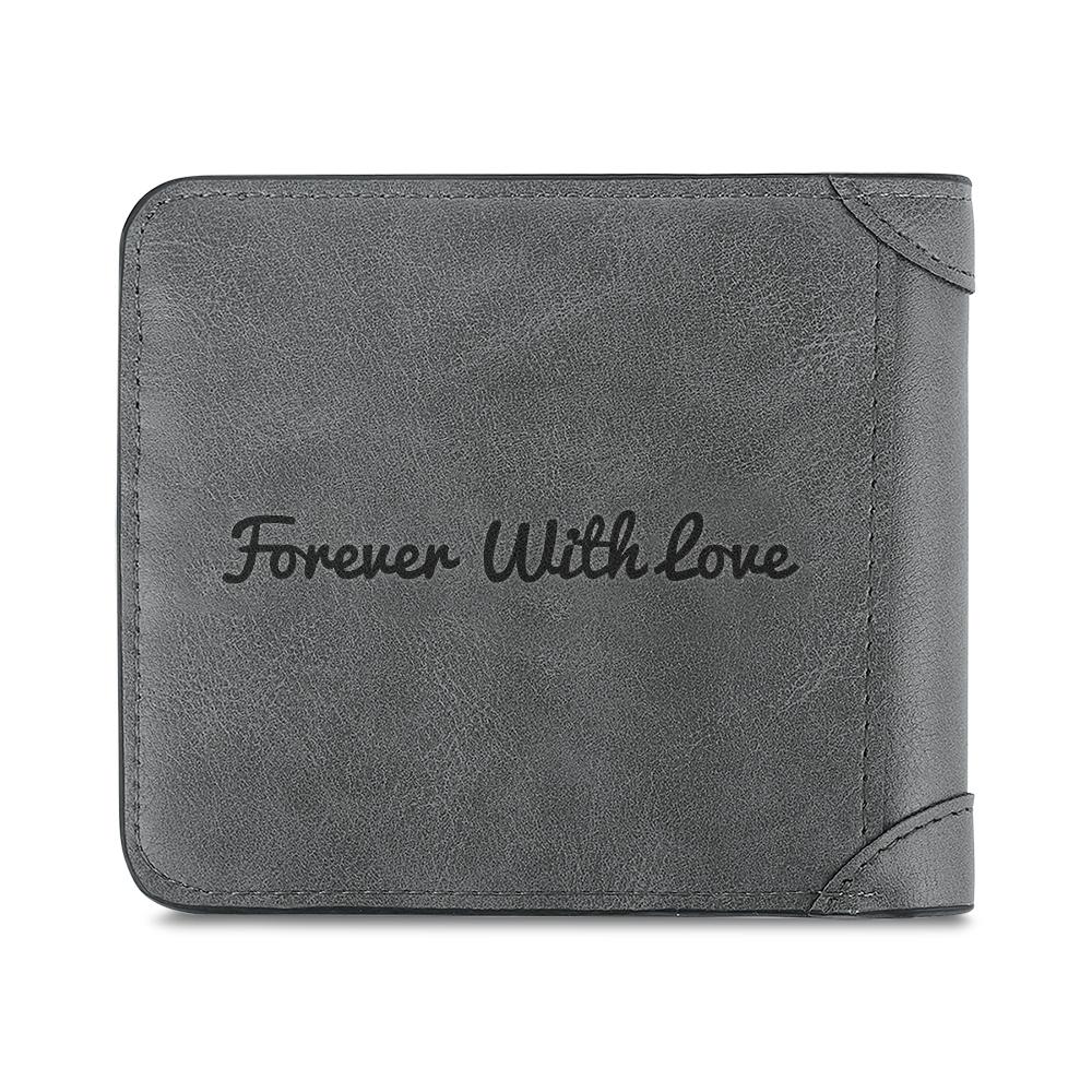 Closed grey men's bifold wallet showing personalised photo on front, handcrafted custom photo wallet gift for him