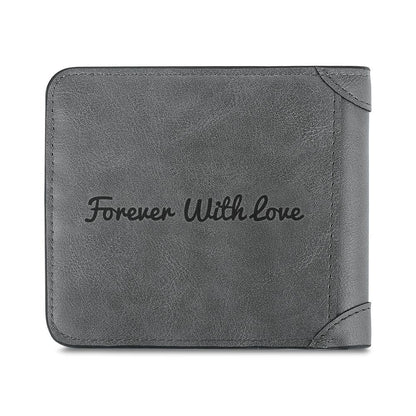 Closed grey men's bifold wallet showing personalised photo on front, handcrafted custom photo wallet gift for him