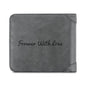 Closed grey men's bifold wallet showing personalised photo on front, handcrafted custom photo wallet gift for him