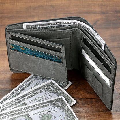 Close up of personalised photo print on grey bifold wallet highlighting high quality reproduction for a custom photo wallet