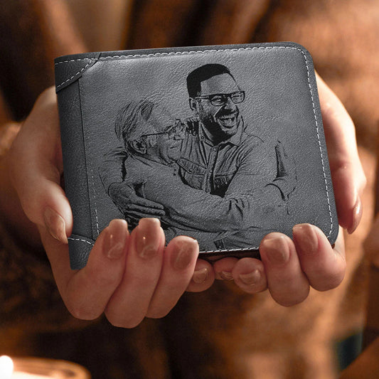 Personalised grey bifold wallet with custom photo printed on the exterior, ideal personalised wallet for dad