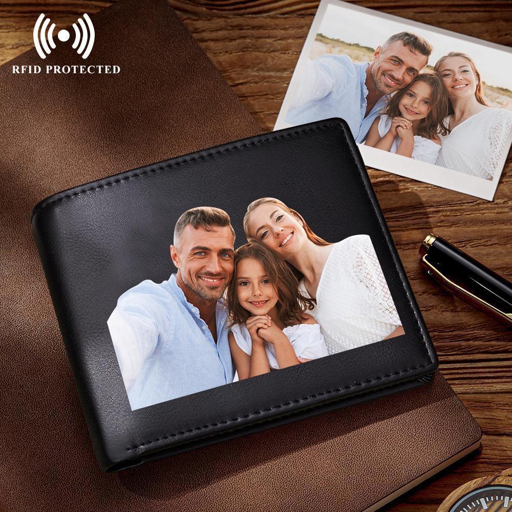 Personalised leather photo wallet for men with UV-printed family photo on PU leather, RFID-blocking anti-theft compact wallet