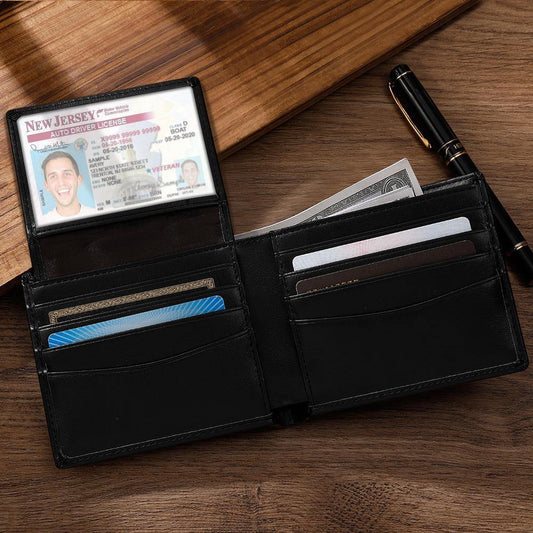 Personalised leather photo wallet for men with UV-printed family photo on PU leather, RFID-blocking anti-theft compact wallet