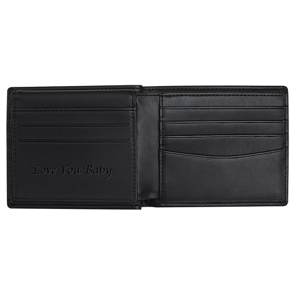 Personalised wallet displayed with credit cards and cash to highlight large capacity and organised multiple card slots