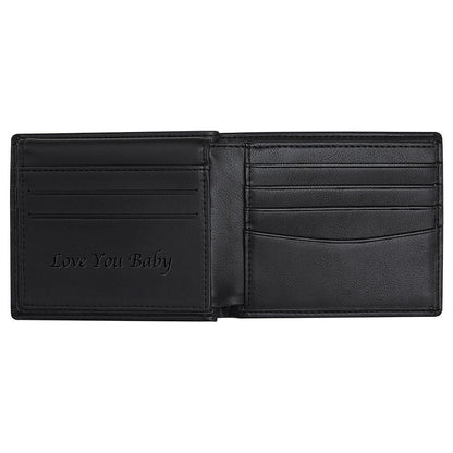 Personalised wallet displayed with credit cards and cash to highlight large capacity and organised multiple card slots
