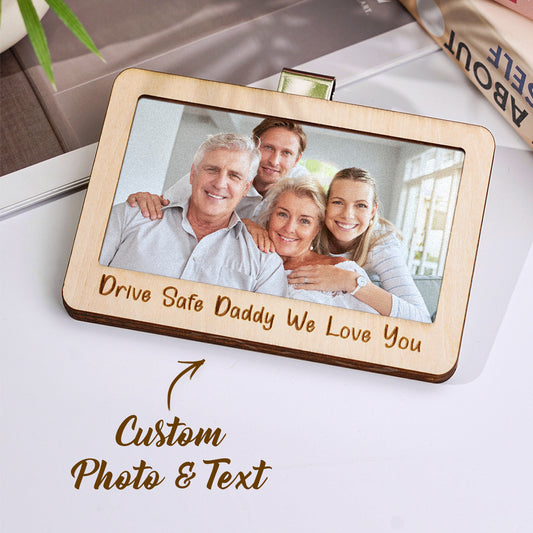 Personalised wooden magnetic photo frame sun visor clip for cars with a custom photograph insert.