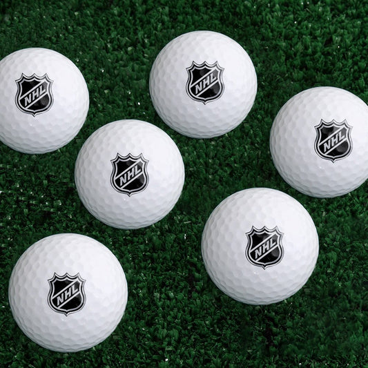 Set of 6 personalised golf balls with identical custom print — high‑contrast logo on white balls, perfect custom logo golf ball gift for Father's Day and corporate events (custom printed golf balls UK)