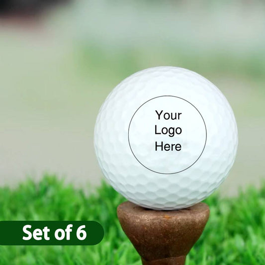 Set of 6 personalised golf balls with identical custom print — high‑contrast logo on white balls, perfect custom logo golf ball gift for Father's Day and corporate events (custom printed golf balls UK)