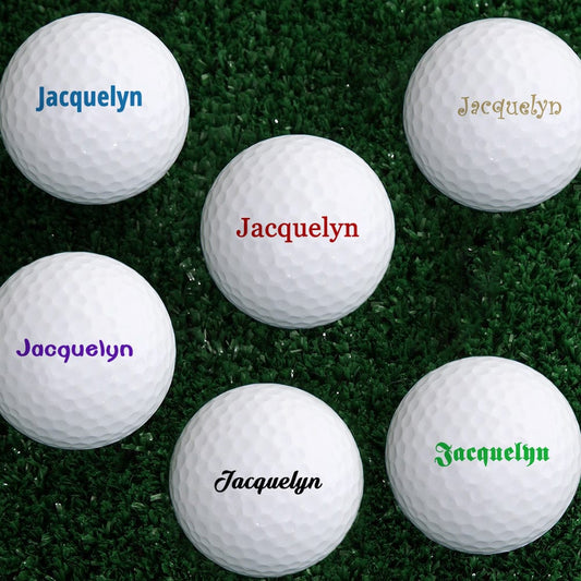 Personalised golf balls set of 6 with custom name printed on white balls – perfect gift for golf lovers and corporate branding