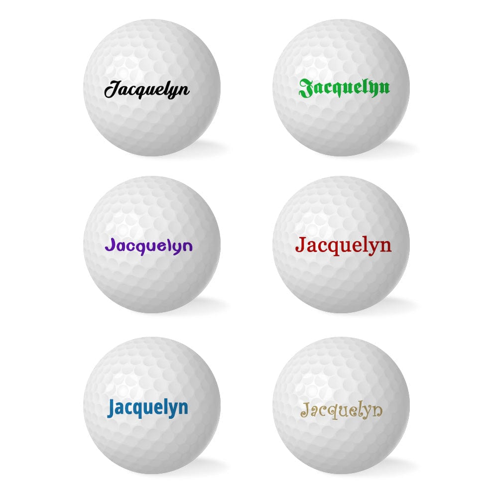 Pack of six custom name golf balls displayed together — printed personalised golf balls ideal as Father’s Day, wedding or tournament gifts